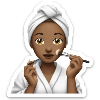 white-skinned girl with a towel on her head in a gray robe doing makeup sticker