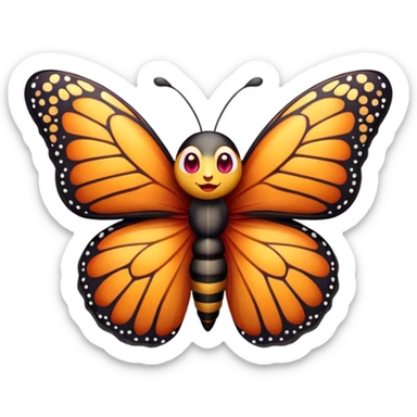 Cinematic Realistic Cute monarch Butterfly Portrait Emoji, Head tilted playfully and inquisitively, featuring vibrantly patterned ruby wings with intricate detailing and a charming, petite body with round, sparkling eyes full of warm curiosity, rendered with lifelike precision and natural highlights, high shine, affectionate and spirited, styled with a touch of whimsical garden delight, soft glowing outline, capturing the essence of a mischievous yet lovable monarch butterfly that seems poised to flutter playfully into your arms! sticker