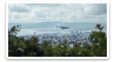 A cinemaatic still of a city, blurred plants in the foreground, huge whales fly above city sky, rolling hills in the background, cinematic depth of field, layered composition, natural lighting sticker