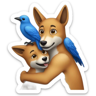 Anthropomorphic dingo giving an anthropomorphic blue bird a hug sticker