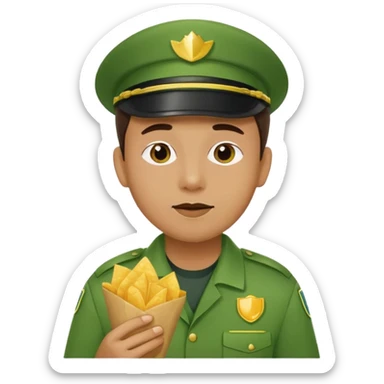 supermarket collegue wearing a green uniform and eating a packet of crisps sticker