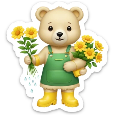 An ivory-colored bear, close to white.
Wears a green apron and yellow rain boots.
Shares flowers with others. sticker