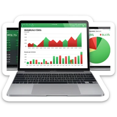 Create a macbook displaying financial charts and analytics dashboards on the screen. sticker