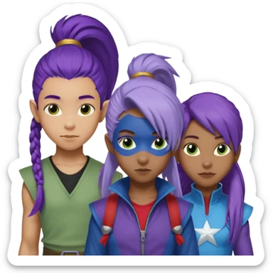 Solo poly platonic relationship, one African girl, one Asian boy, one biracial features Asian tomboy girl rat-tail hair long and upper masculine hair 90s, vampire and marvel cosplay elements inspired  use marvel race, like instead of obvious human, green purple blue etc,  sticker
