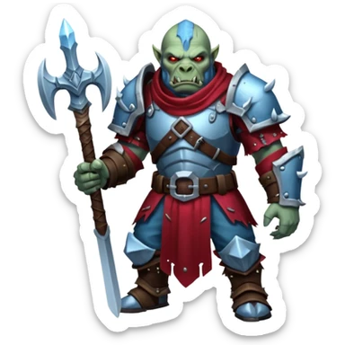 
Fantasy Christmas orc legion soldier icon, iron tundra army theme, heavy winter armor, disciplined brutal look, icy blue steel armor with deep crimson accents, frozen metal texture, cold winter atmosphere, male variant sticker