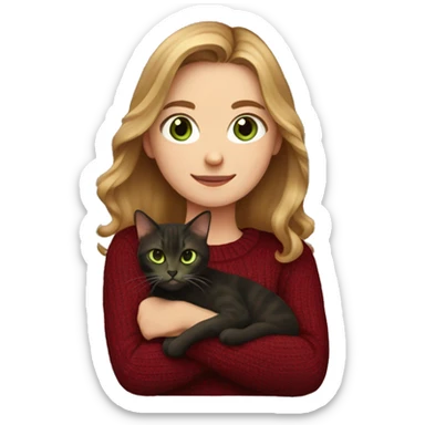 White girl with green eyes and light brown hair wearing a dark red sweater and holding a dark tortoiseshell cat sticker