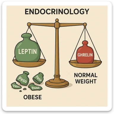 endocrinology diagram showing a balance scale with leptin in green and ghrelin in red; obese side with overflowing leptin, broken leptin weights labeled 'Peso' scattered on the ground, scale not moving; normal weight side with perfectly balanced scale; clinical, clear, detailed illustration, 4K resolution sticker