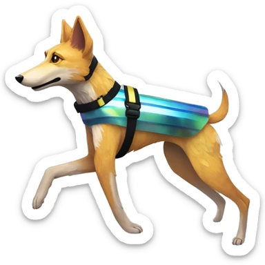  brindle brown black maroon striped lurcher Alsatian fox running blue eyes and iridescent holographic oilslick harness wearing paper iridescent tropical flower crown yellow caution tape sticker