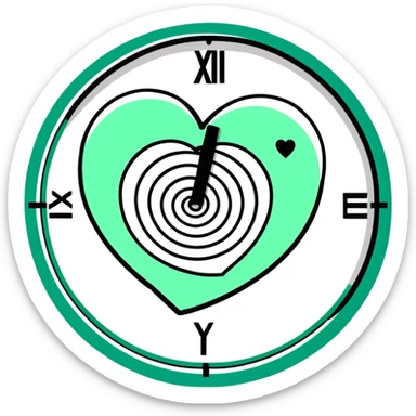 Minimalist Maya-style heart and time spiral symbols for messages, white and deep green only, flat design with clean lines sticker