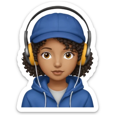 curly haired with headphones in and hoddie  black girl with cap sticker