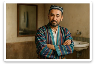 uzbek sartaroshi qo'lini qovushtirib turibdi yon taraf sal pastroq rakusdan sticker