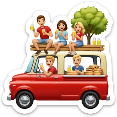 People having a picnic in the back of a red pick up truck sticker