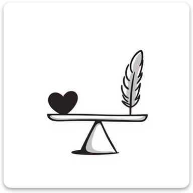 A simple scale balancing a feather and a heart, representing emotional balance and lightness. Hand-drawn doodle style. sticker