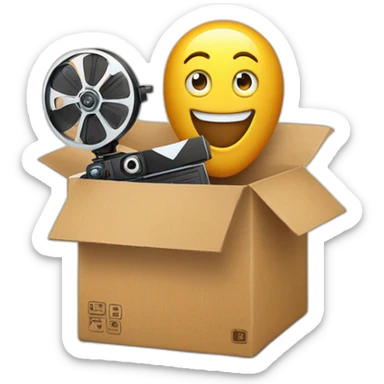 Video icons, movie camera, film, play, logos, likes, thumbs up, marks, views, coverage, applause fly out of a Cardboard box sticker