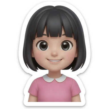 “Cute 3D emoji of a sweet anime girl with short black hair, pink dress, big shiny eyes, smiling, soft cartoon style, glossy emoji character.” sticker