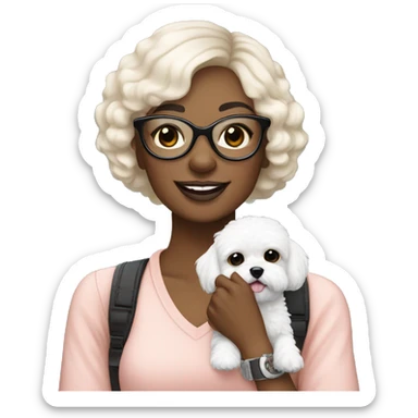 Beautiful woman with black glasses holding small white MaltiPoo dog sticker