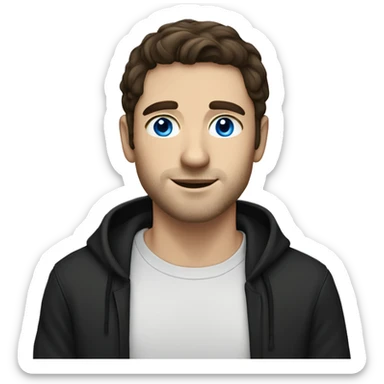white guy with dark brown hair and blue eyes and black hoodie sticker