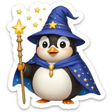 chubby penguin wizard with a starry cloak and a glowing wand, emoji style sticker