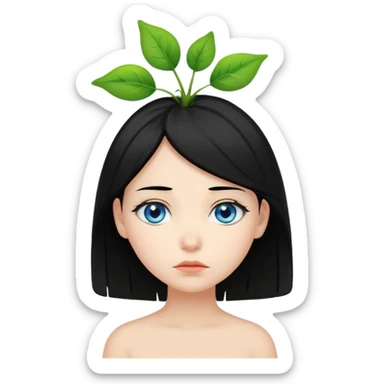 Combine this emoji 🥺 and this emoji 🌱 on its headand its a female with black hair and blue eyes sticker