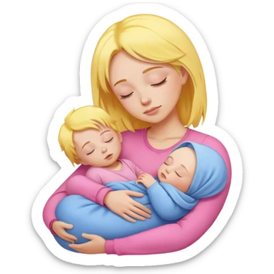 Mother holding baby, mother with yellow hair and pink clothes, baby in blue clothes is sleeping sticker