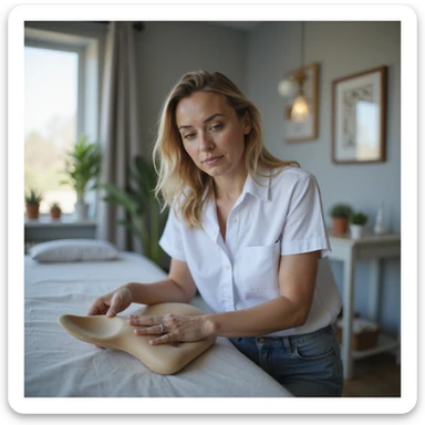 realistic 4K woman in physiotherapy studio showing insole to physiotherapist with perplexed expression, professional and welcoming environment sticker