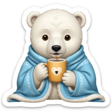 baby white polar in cozy blanket, drink hot coffee sticker