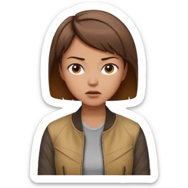 a woman with a brown short hair, looking at the left, frustrated, wearing a trendy jacket, only upper body, high quality sticker