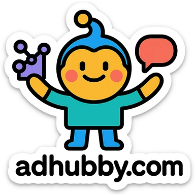 playful mascot logo for adhubby.com, creative multi-agent agency, fun character representing collaboration and tech, vibrant colors, modern and friendly, suitable for small businesses sticker