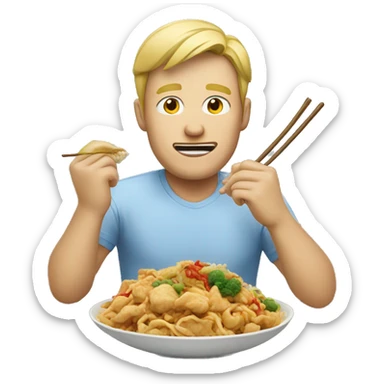 Blonde man eating Chinese food sticker