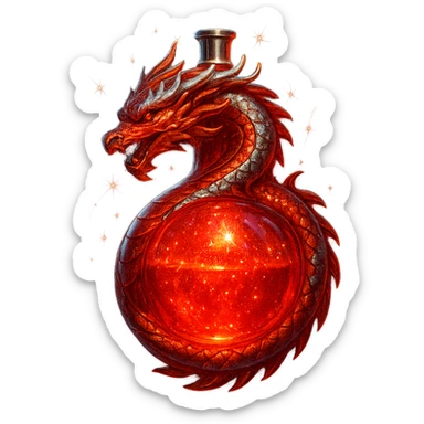 dragon-shaped luxurious elixir bottle, all vibrant red, iridescent and silver details, very small neck, seamless bottom, transparent background, floating, no base or shadow, modern, matching a collection, extra intense magical glowing and sparkling effects sticker