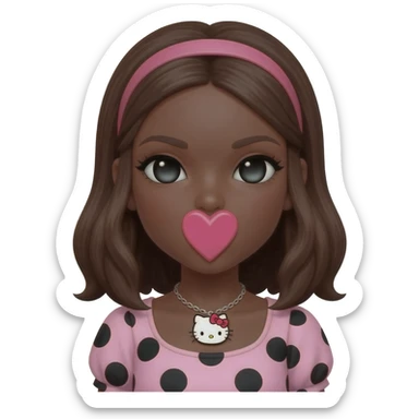 Doll faced shaped, hello kitty necklace, heart shaped cute lips bimbo, black doll eyes, Big lips barbie, dark brown skin with brown hair, bimbocore outfit light pink and black polkadots sticker
