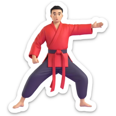 Martial artist in dynamic kung fu pose, wearing traditional loose outfit with sash sticker