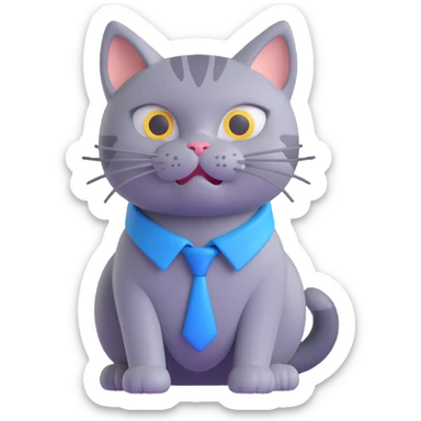 Change the color of the cat's collar to blue, keep the 3D cartoon style and grey/pepper cat character, with no background. sticker