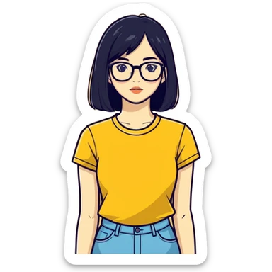 A fair girl with black straight hairs and transparent glasses and butter yellow T-shirt sticker