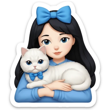 black hair woman snuggling white Persian cat with a blue bow sticker