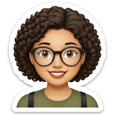 Woman in her 20s with caramel skin tone. Cheerful round face with chubby cheeks. Brown eyes behind thick black glasses. Voluminous short curly hair. Wide smile with dimples. Wearing olive green shirt with wide straps. sticker