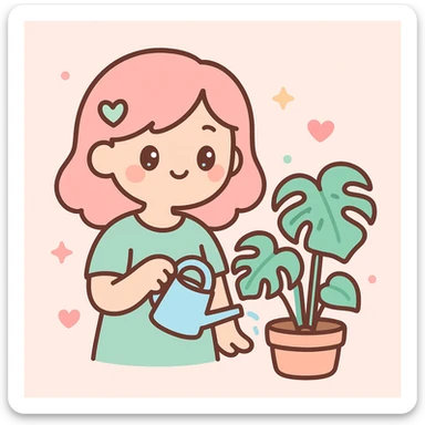 woman watering her monstera plant sticker