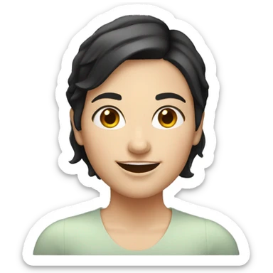 White woman with very short dark hair and dark eyes. She's smiling and has a round face sticker