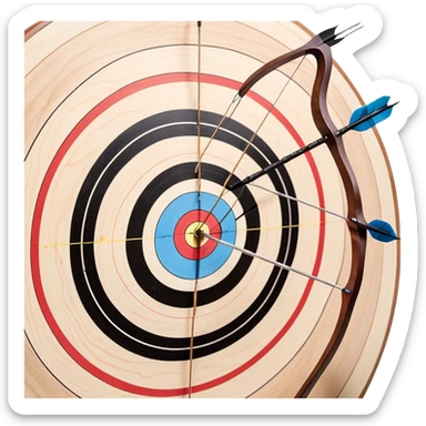 A professional recurve bow with an arrow nocked, ready to be released. The target features concentric rings, placed at a distance. The emphasis is on the bow, arrow, and target, highlighting the precision, focus, and skill involved in competitive archery. sticker