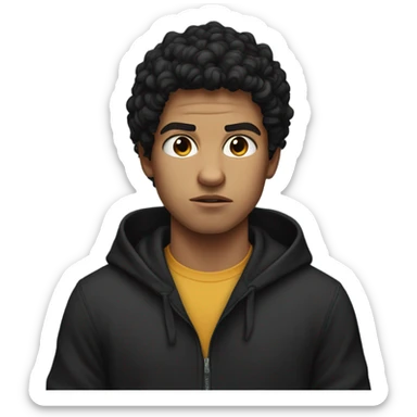 a young male with medium skin and curly black hair, wearing a black hoodie, angry expression  sticker