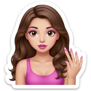girl with long wavy brown hair, brown eyes, light to medium complexion, in a pink sexy top, pink puckered lips, long lashes, showing a manicure sticker