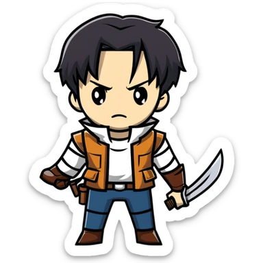Levi Ackerman from Attack on Titan, with serious expression, wielding ODM gear sticker