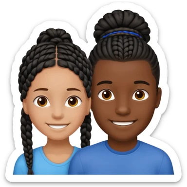 Dark black girl with black braids, smiling, and tan white boy with straight brown hair sticker