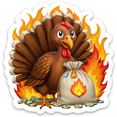 Can you create a turkey warming up a bag of money by a fire sticker