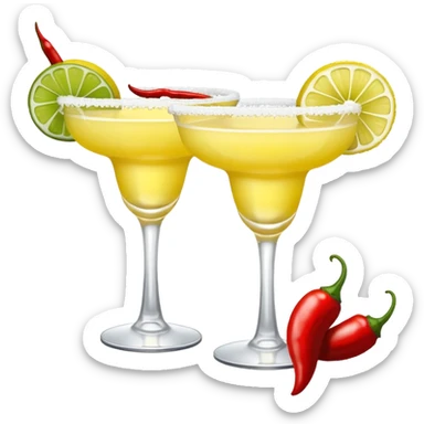 2 margarita cocktails. one is the classic margarita: yellowy with salt on the rim and a lemon. the other one is a spicy margarita: slightly more red color with a small red chili pepper instead of a lemon on the rim  sticker