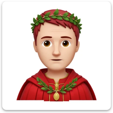 Julius Caesar wearing a red robe and laurel wreath, 3D look, white background sticker