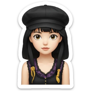 pinterst girl with heavy bang, black long hair and black color newsboy cap on her hat, wearing black color lace sleeveless  sticker