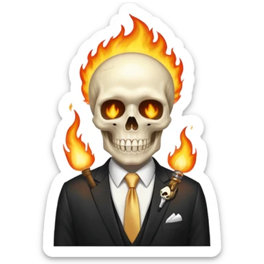 aesthetic shiny glowing divine lighting - Megadeth icon - a politician in an ivory ethereal suit wears a white tie, has a skull instead of a head, and instead of glasses, burns in fire sticker