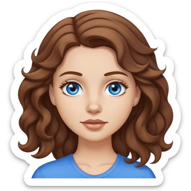 White girl with brown hair wavy curtain bags, blue eyes,  sticker