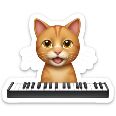 tan-red cat wearing a light-blue t-shirt taps musical keyboard sticker